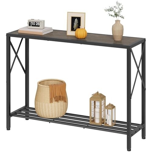 Dark Grey Industrial Console Table 41.8″ 2-Tier Entryway Sofa Table