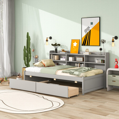 Twin/Full Size Daybed with Storage Drawers & Bookcase Solid Wood Sofa Bed Frames