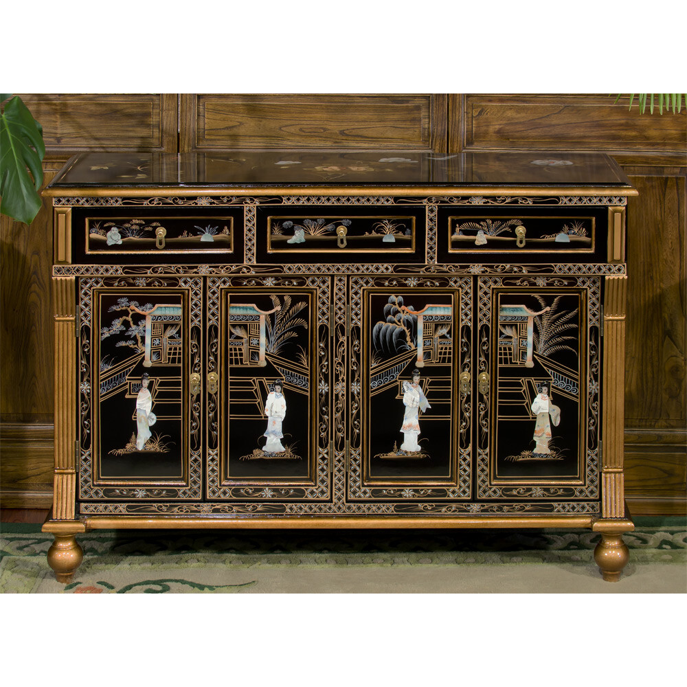 US Seller – Gold Trim Black Lacquer Mother of Pearl Oriental Sideboard