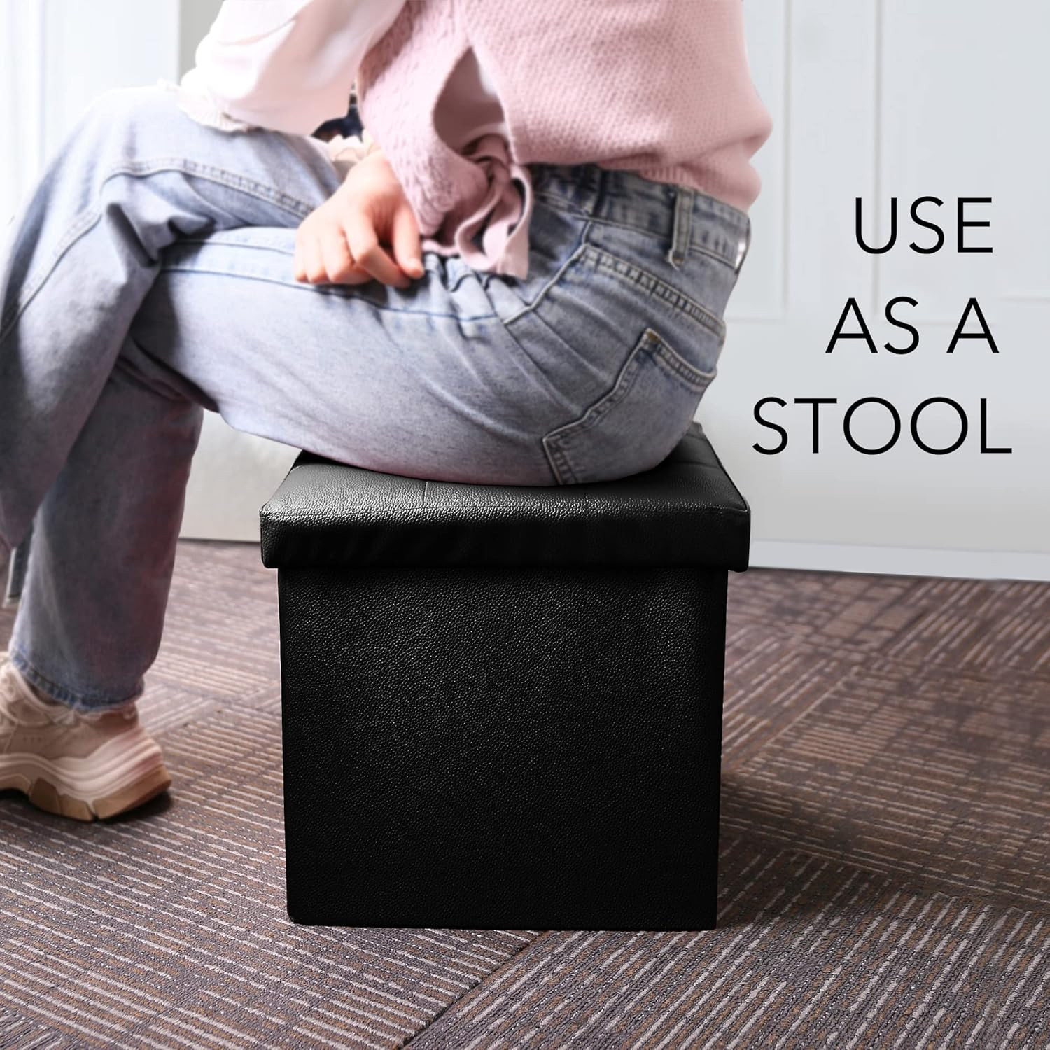 Storage Ottoman, Foldable Foot Rest Stool, 13X12X12 Inches Small Leather Bench w