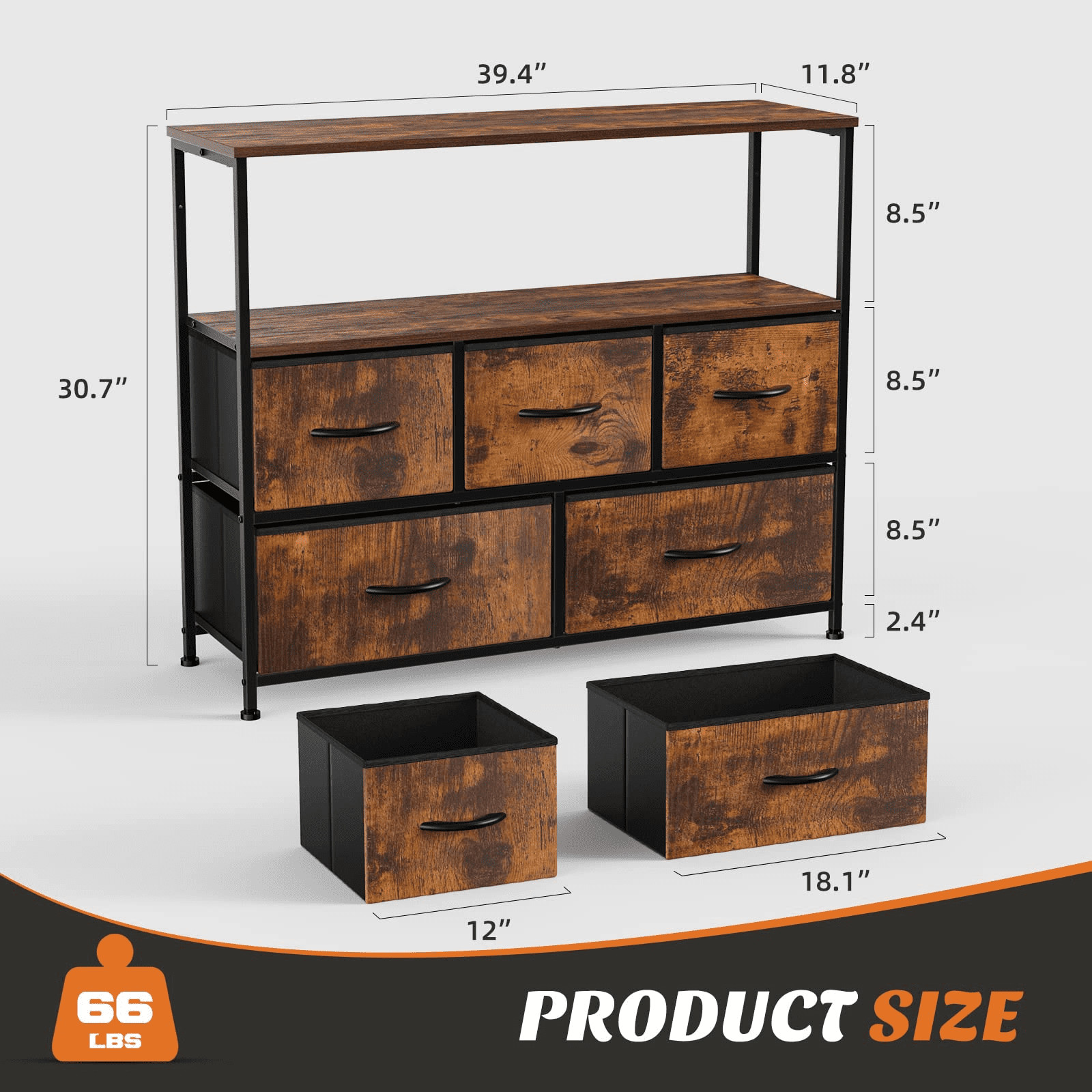 Concetta TV Stand Entertainment Center Dresser with 5 Soft-Close Fabric Drawers