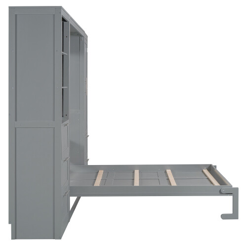 Queen Size Murphy Bed Wall Bed with Closet and Drawers Foldable Bed w/ Wardrobe