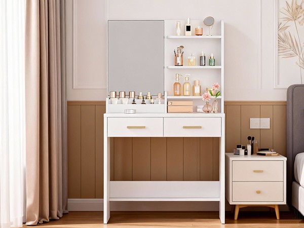 Vanity Desk Spacious Storage Table 2 Drawers Open Shelves Skincare Organ