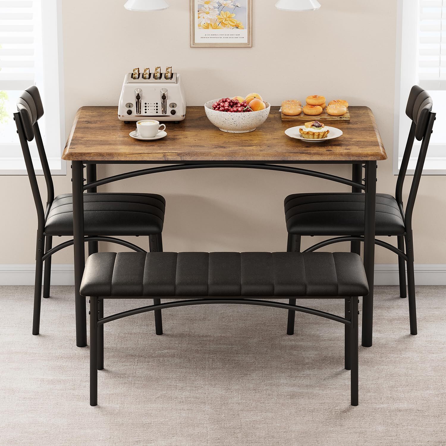 Dining Table Set for 4, Kitchen Table and Chairs for 4, Rectangular w/ Bench