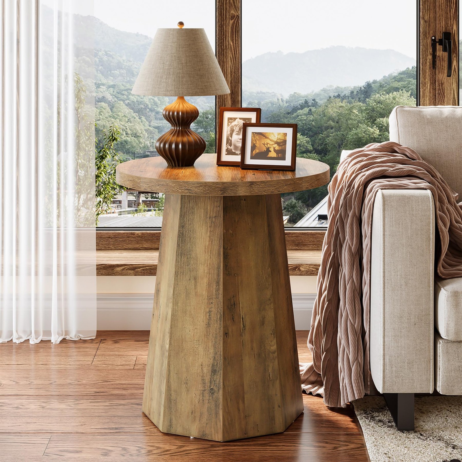 Farmhouse Round End Table, Wooden Couch Side Table with Octagonal Base, Rusti…