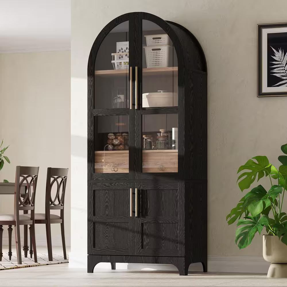 71 In. Tall Black Arched Kitchen Pantry Cabinet Sideboard with Hidden Drawer and