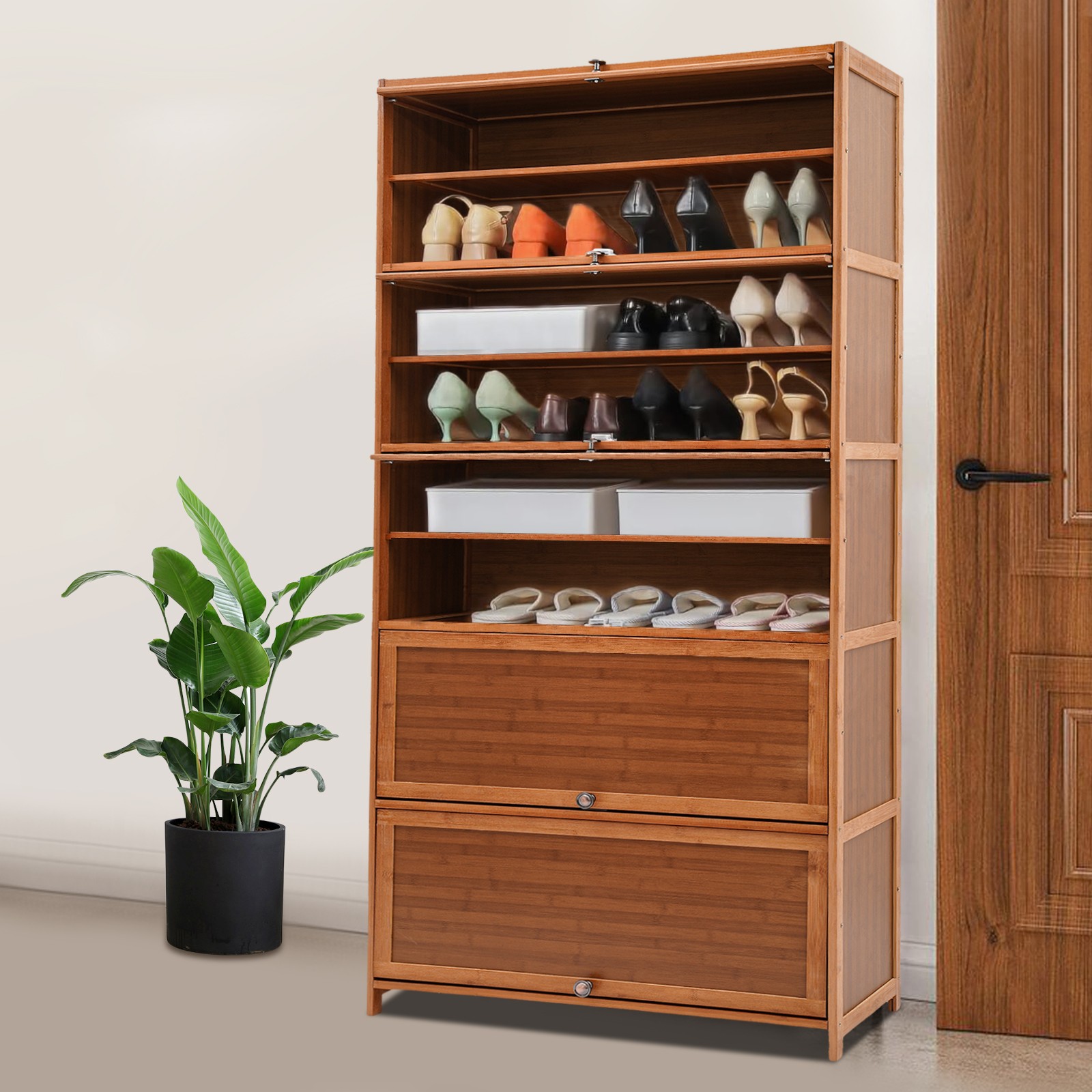 11 Tiers Shoe Cabinet Free Standing Shoe Cabinet with Flip Doors Bamboo