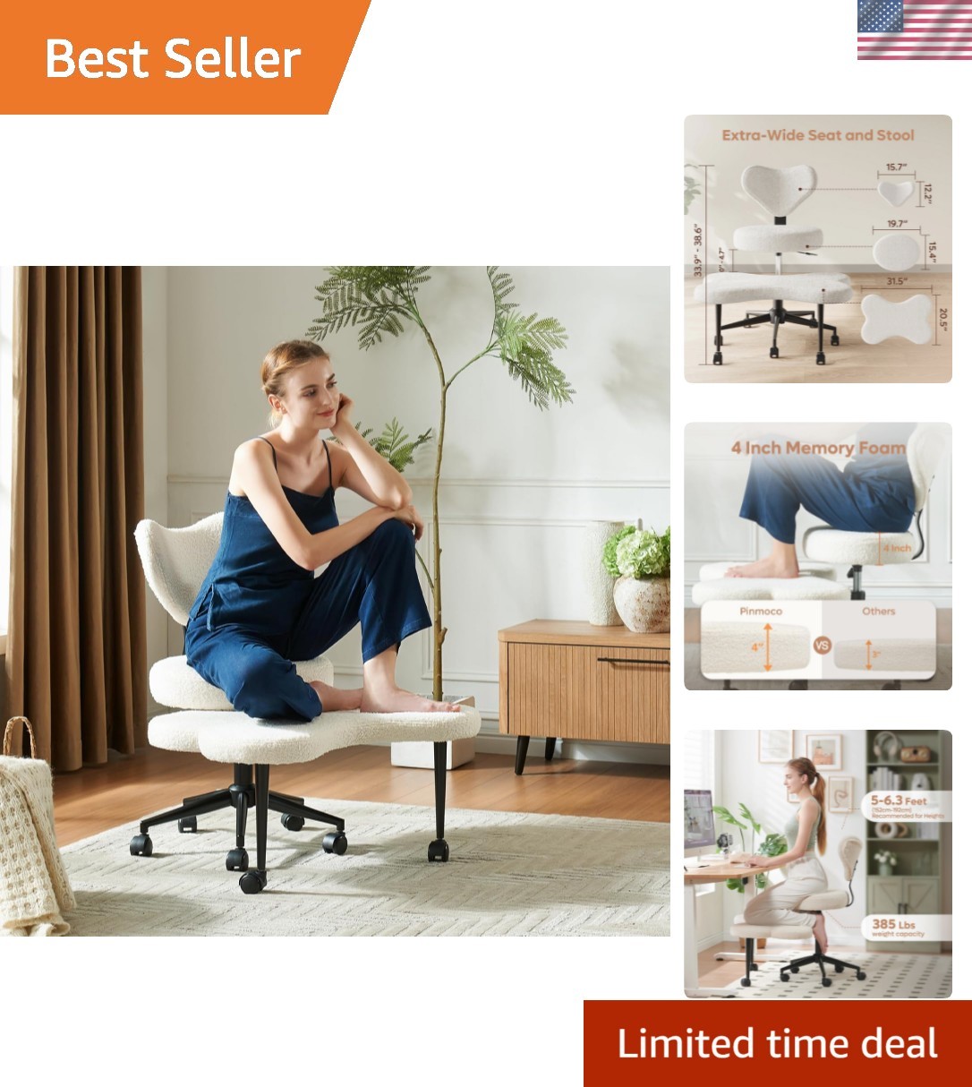 Ergonomic Cross Legged Chair, 360° Swivel Meditation Chair with Wheels, Heigh…