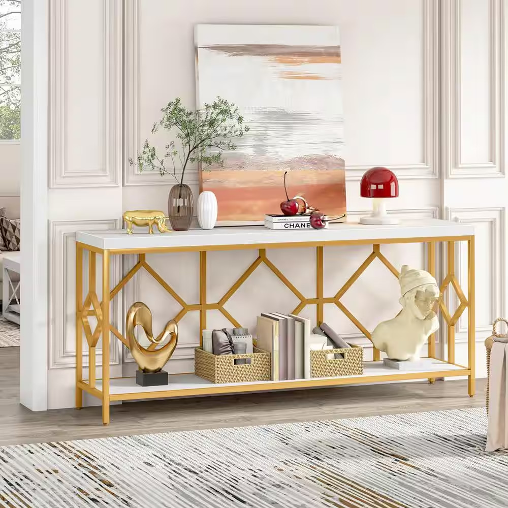 Turrella 70.9 In. Whiteandgold Extra Long Rectangle Wood Console Table behind Co