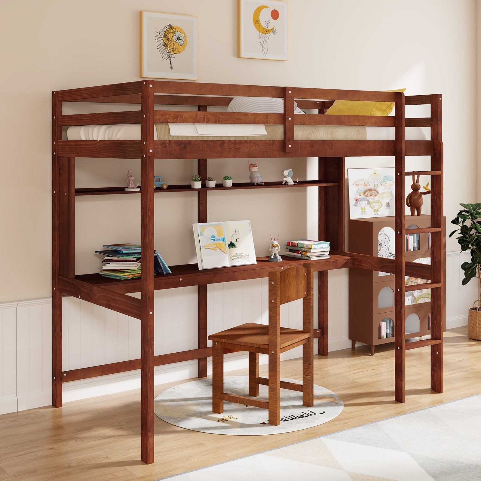 Twin Solid Wood Loft Bed Frame w/ Storage Shelf Ladder Desk Storage Shelf