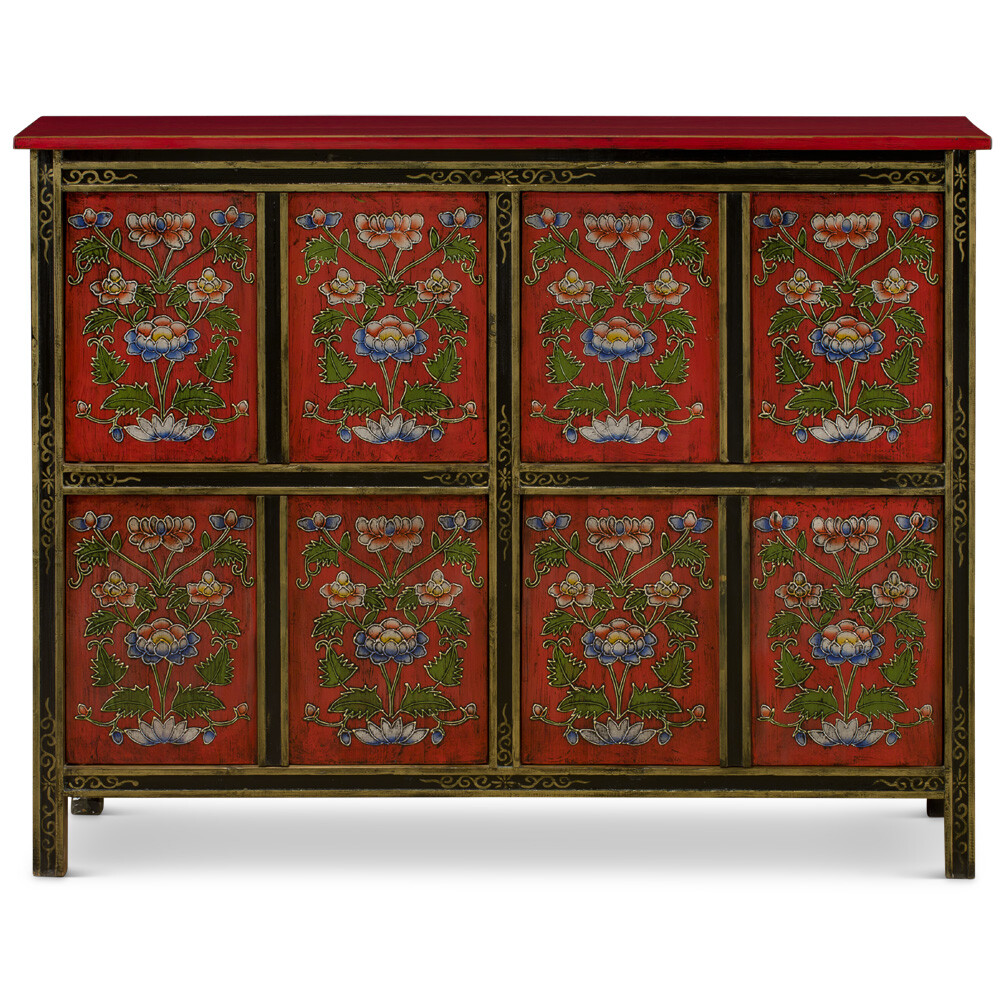 US SELLER – Red Hand Painted Tibetan Flower Motif Elmwood Cabinet