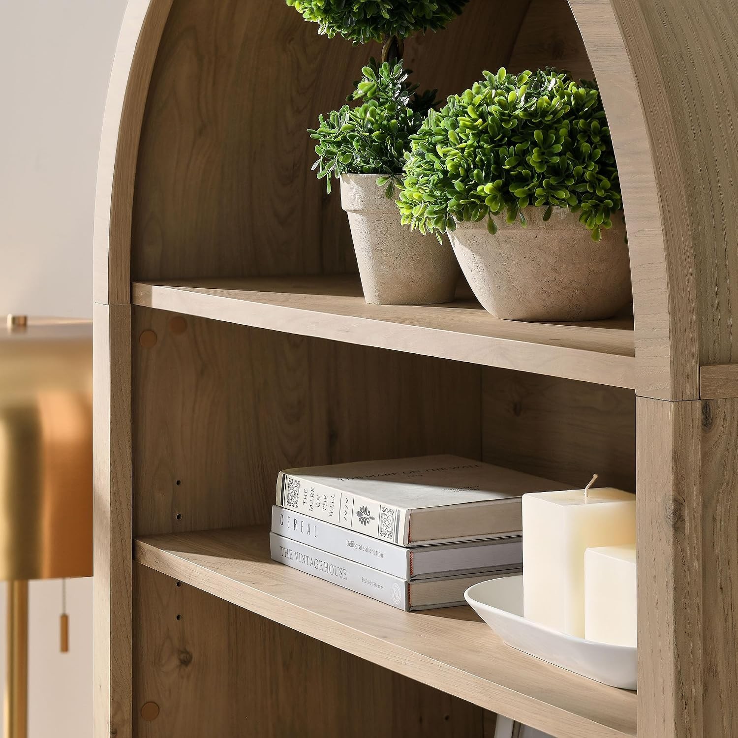 Nolan Tall Arched Storage Display Cabinet in Light Oak – 74 Inch Arch Bookshelf