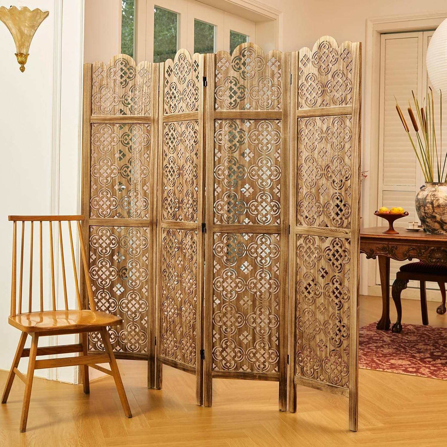 68.9Inch Folding Room Divider, 4 Panels Wood Carved Screens – Ideal Decorative