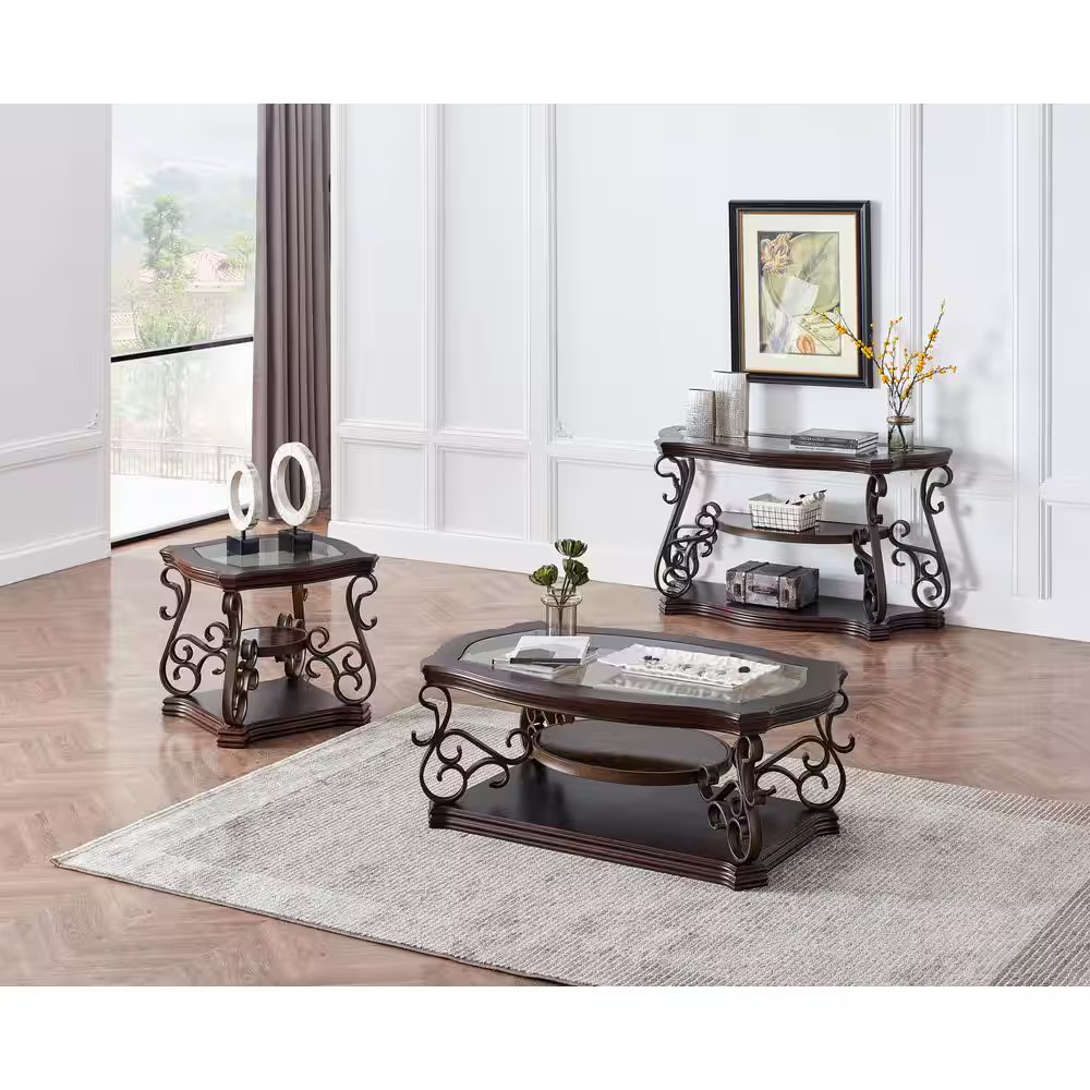 End Table 26.3 In. Glass Tabletop, MDF W/Marble Paper Middle Shelf, Powder Coat