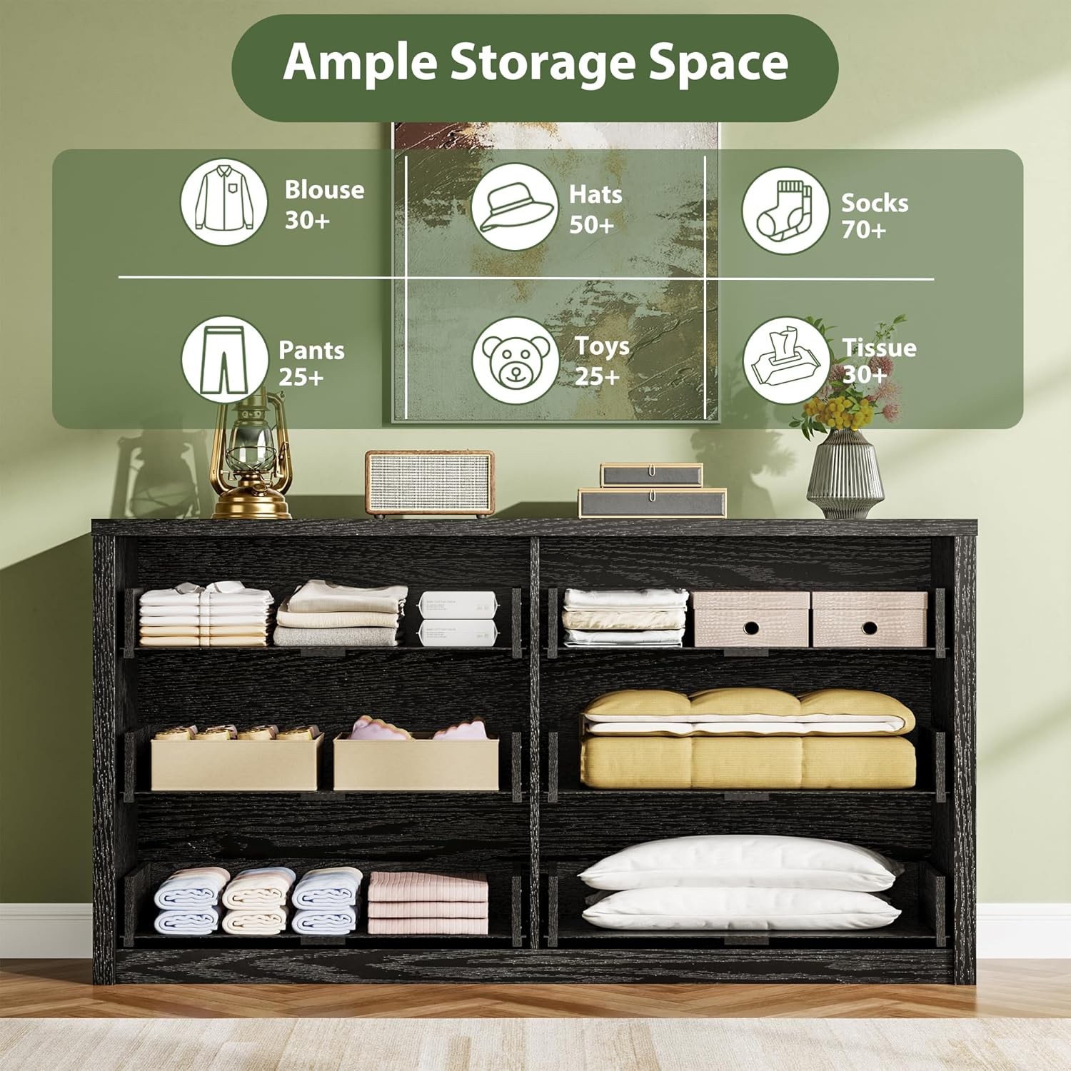 Wide 6 Drawer Dresser Black, Handle Free Wood Chest for Bedroom Living Room