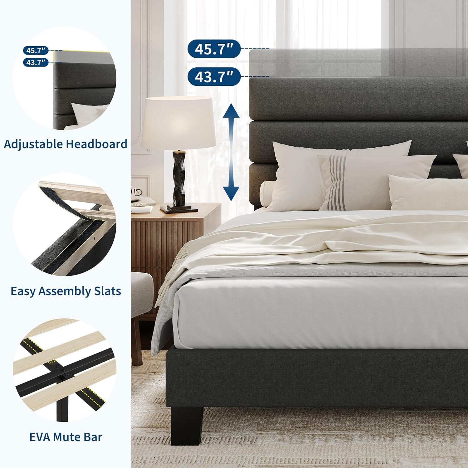 King Size Platform Bed Frame W/Adjustable Headboad Upholstered Wooden Slats New