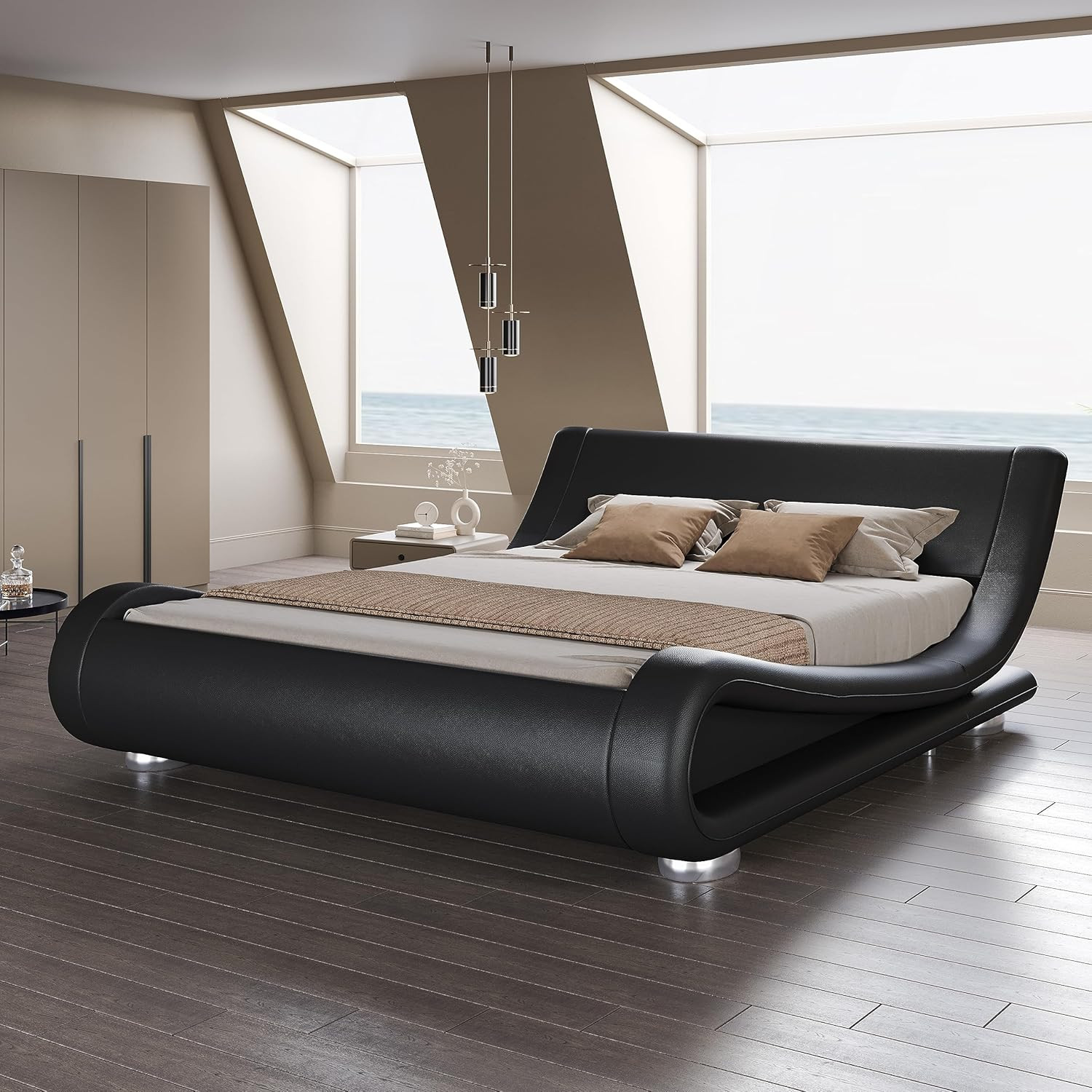 Queen Size Upholstered Bed Frame, Deluxe Low Profile Sleigh Bed with Faux Lea…
