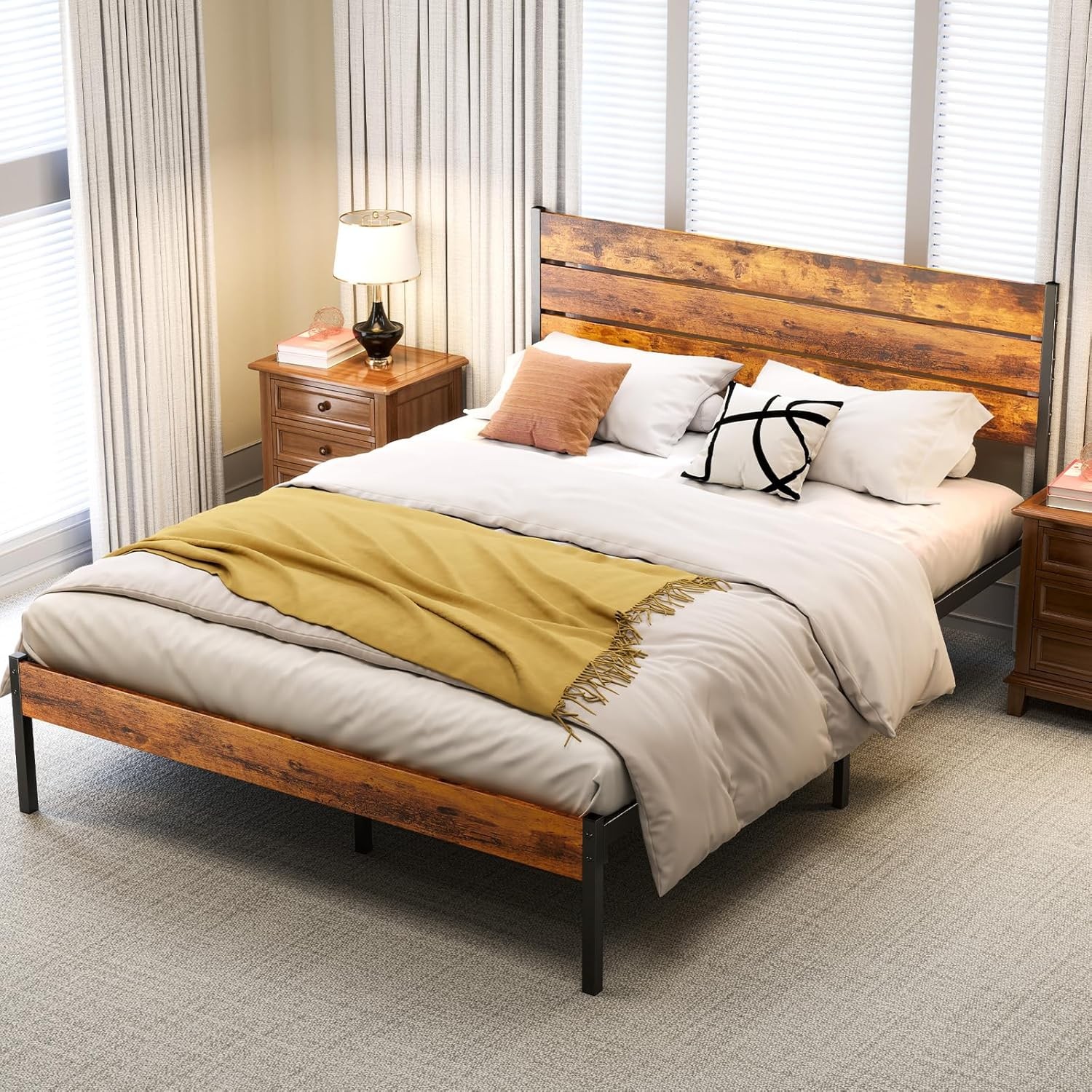 Full Size Bed Frame with Headboard, 800LBS Mattress Foundation with All Sturd…