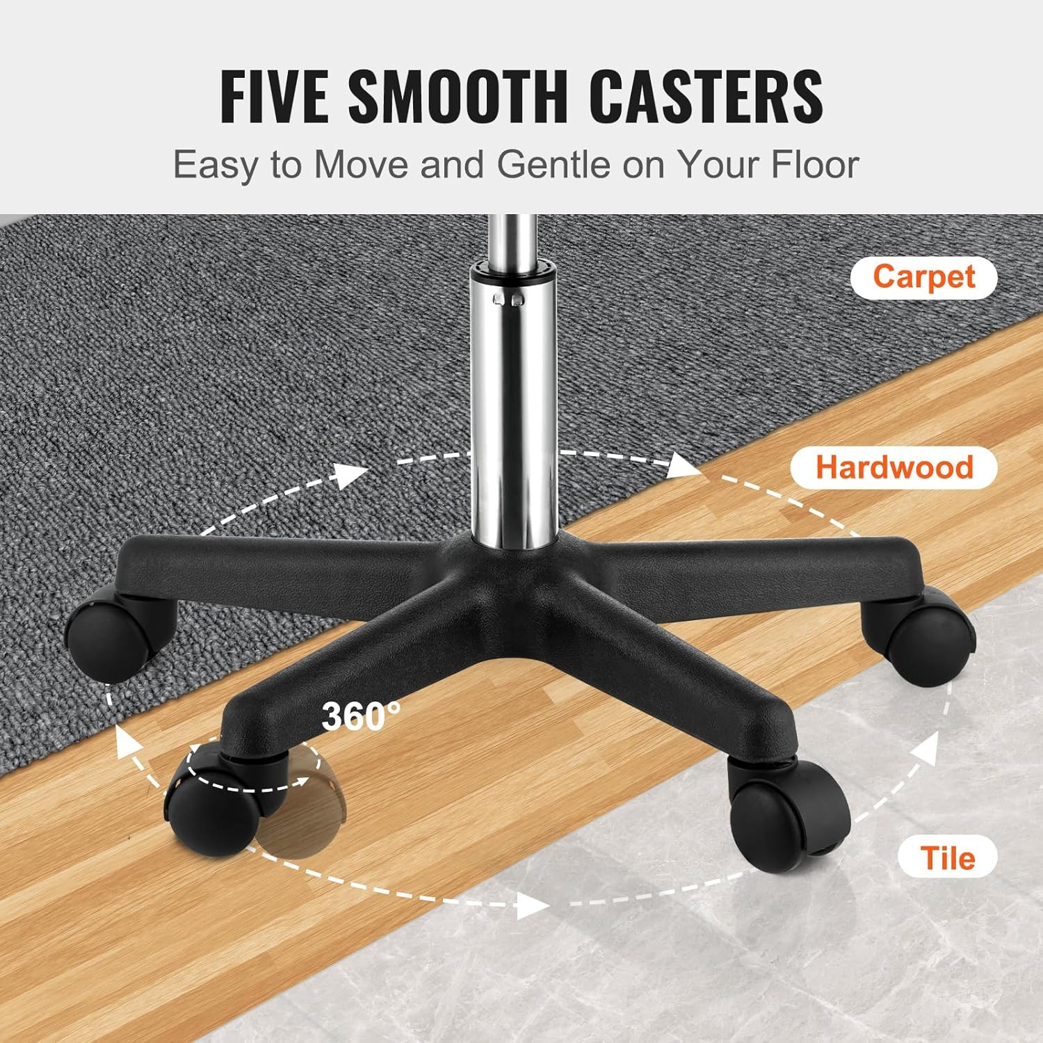 Rolling Stool with Wheels Adjustable Height Swivel Chair 400lb Capacity Black