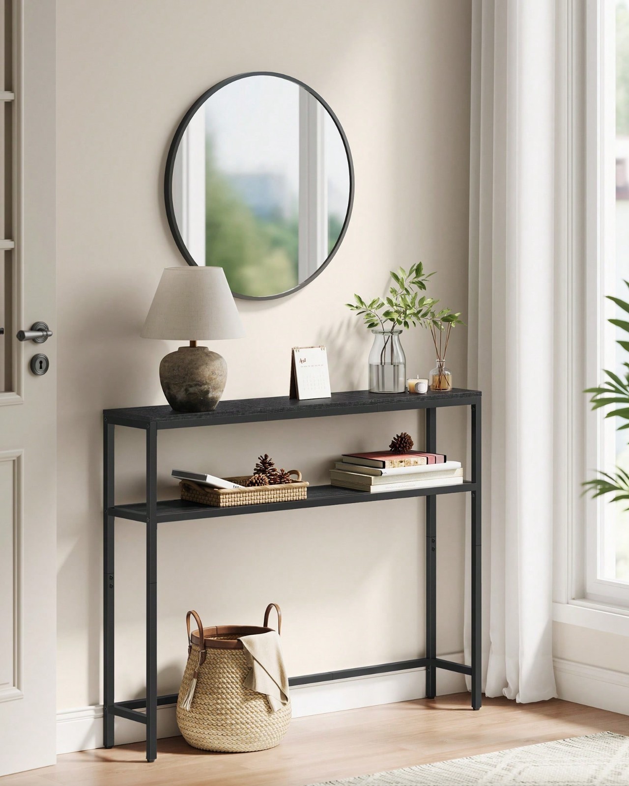 2 Tier Narrow Console Table With Steel Frame Storage Shelves Modern Entryway