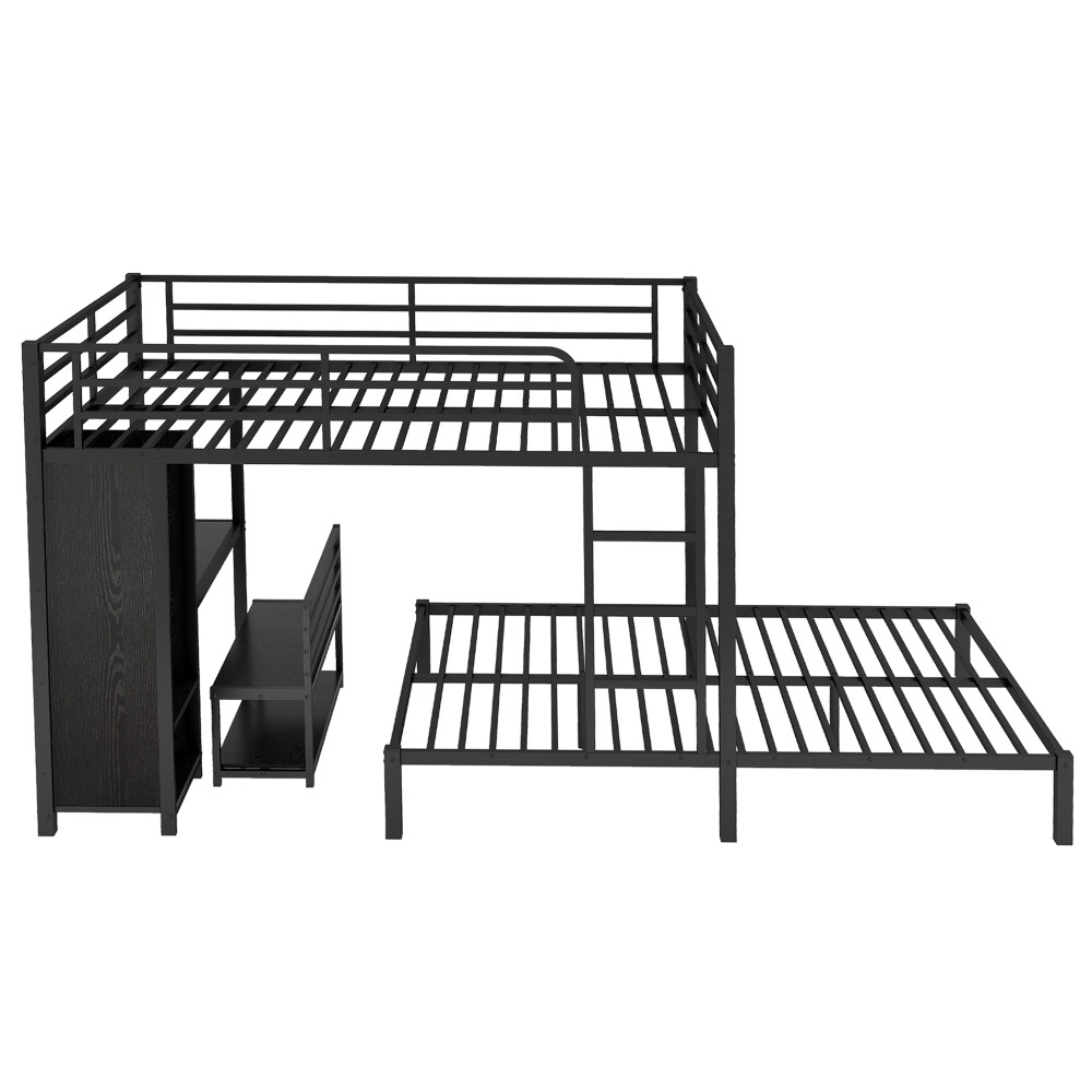 Queen over Queen Size Bunk Bed Frame with Built-in Wardrobe, Metal Bunk Bed