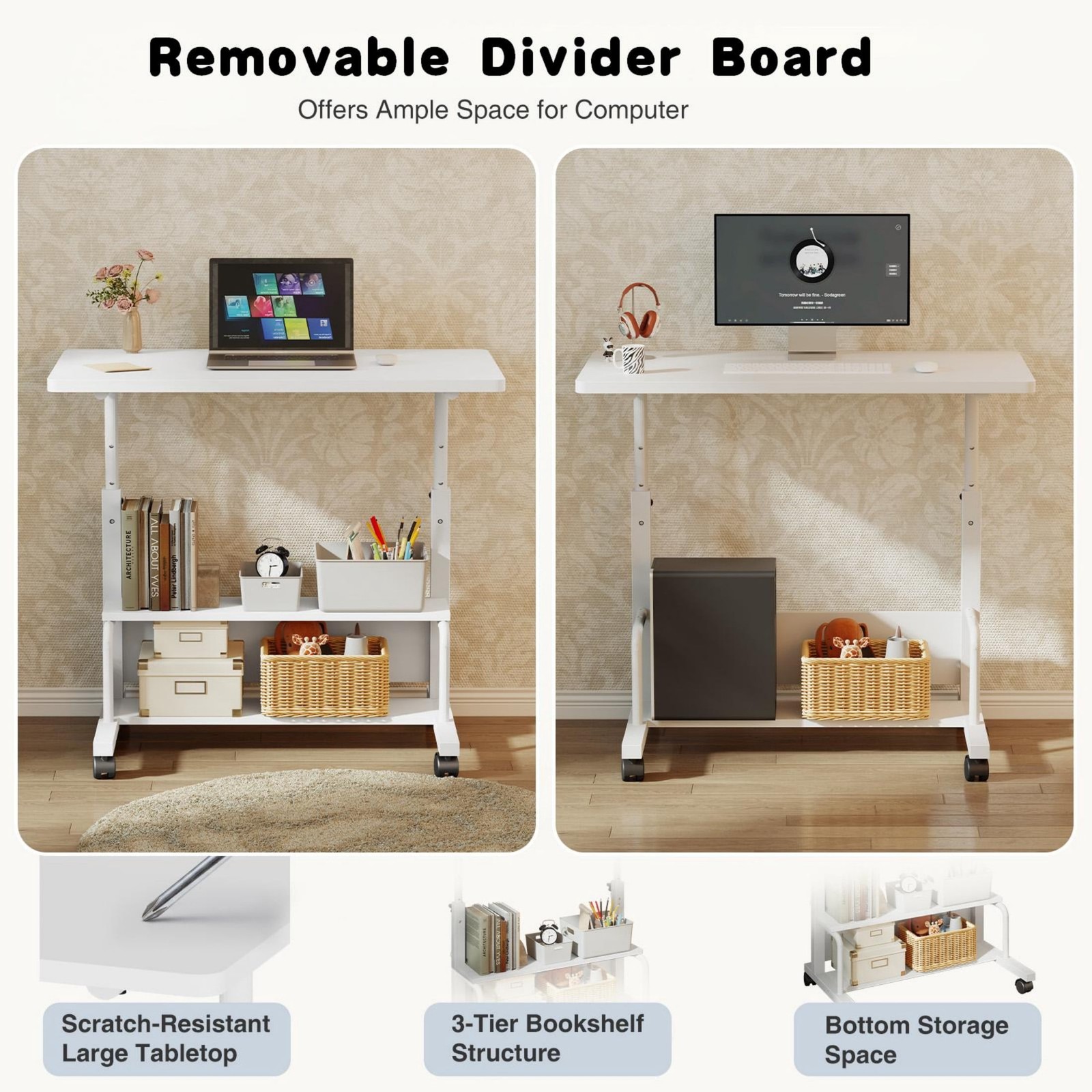 31.5” Adjustable Height Rolling Computer Desk with Storage Shelves