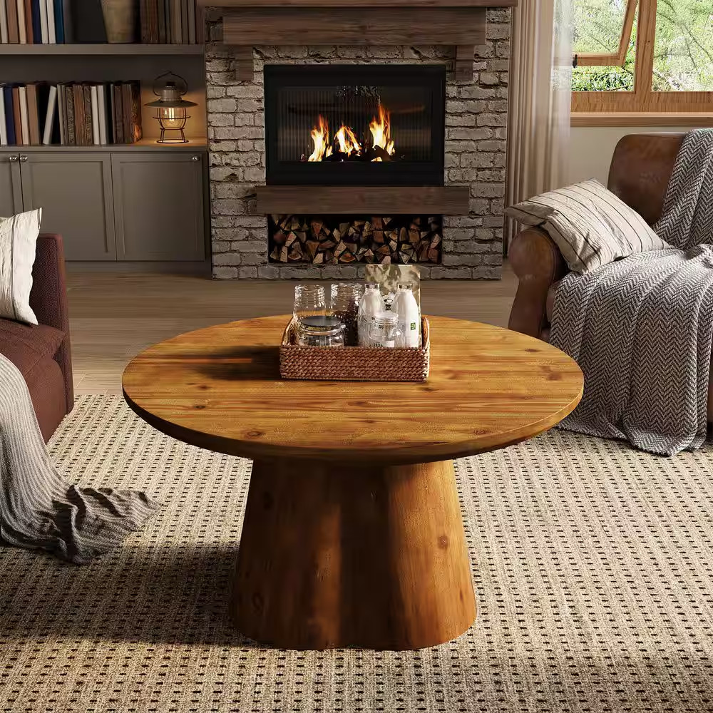 Allan 31.5 In. Brown round Solid Wood Coffee Table with Robust Base, Farmhouse C