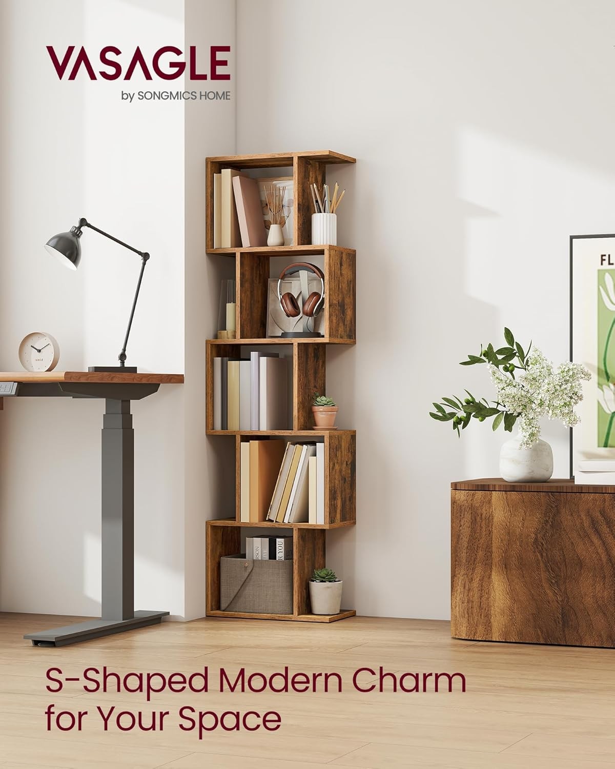 VASAGLE Bookshelf, 5-Tier Bookcase, 9.4 x 15.7 x 62.6 Inches, Storage Shelf with