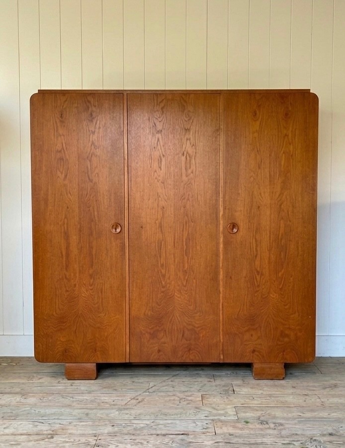 1940s Modernist Solid Oak Grand 71″ Waterfall Wardrobe Armoire, Working Lock and