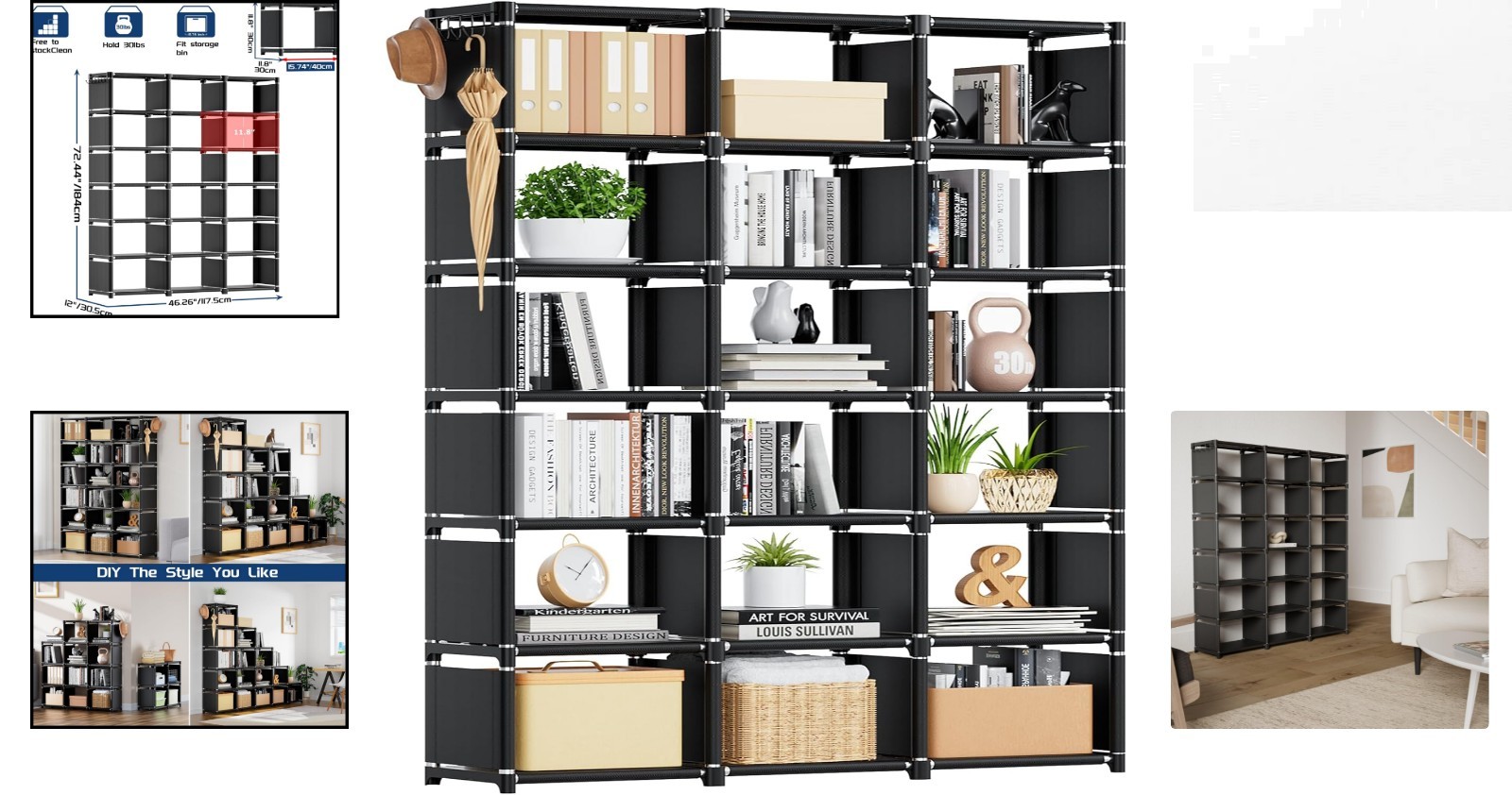 Versatile 18-Cube Black Storage Shelf – Easy Assembly for Bedroom and Office