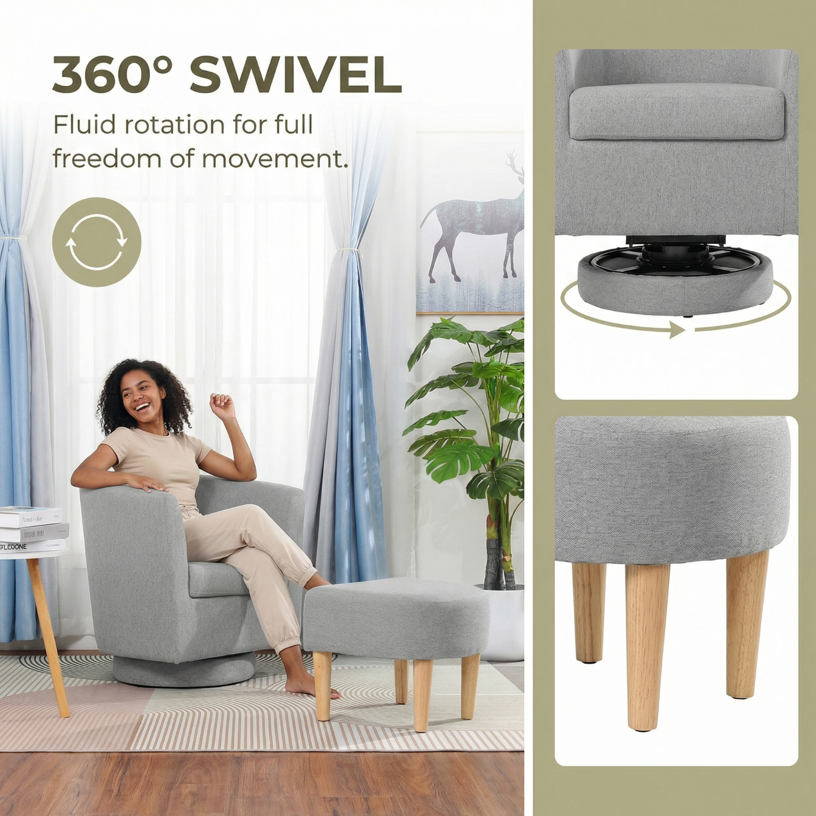 Modern Accent Swivel Armchair Fabric Single Sofa w/Ottoman Chair for Living Room