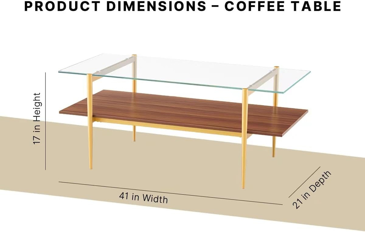 Rectangle Coffee Table, Mid-Century Modern Design, 2-Tier Structure, Clear Glass