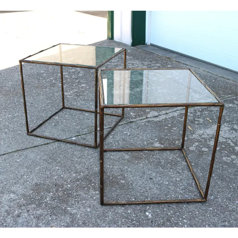 1970s Pair of Side/Drink Tables Cube Metal Faux Bamboo Glass Top