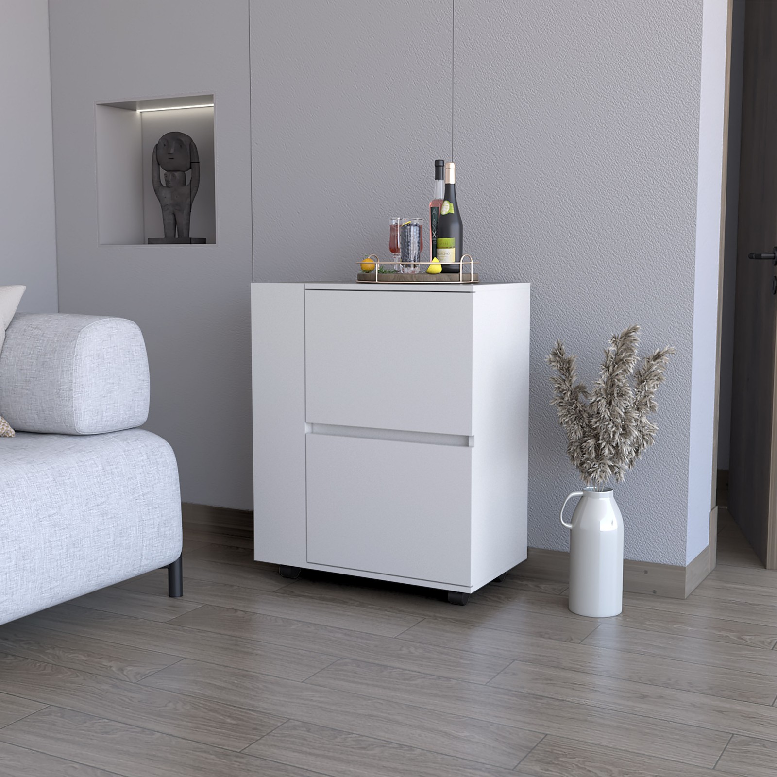 FURNITURE Logan Bar Cart with Two Cabinets and Open Shelves, White