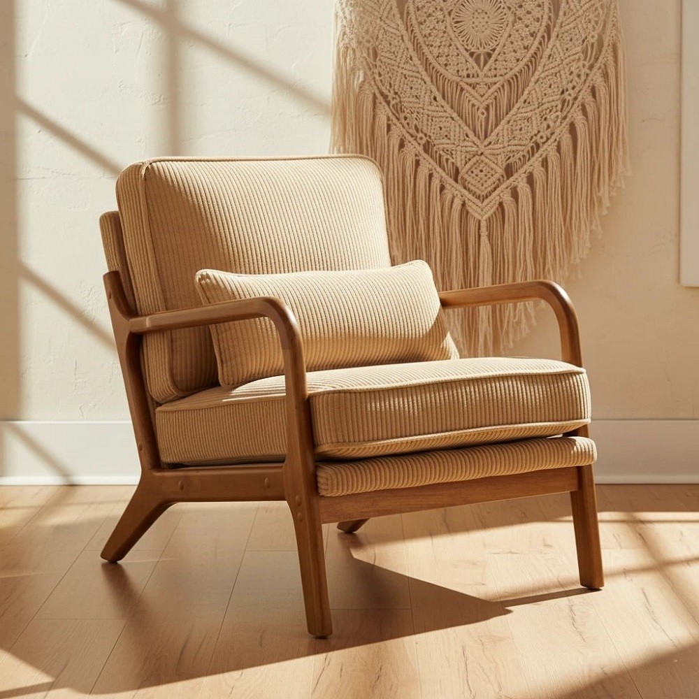 Mid Century Modern Accent Chair Wood Armchair Corduroy Linen Lounge Living Room