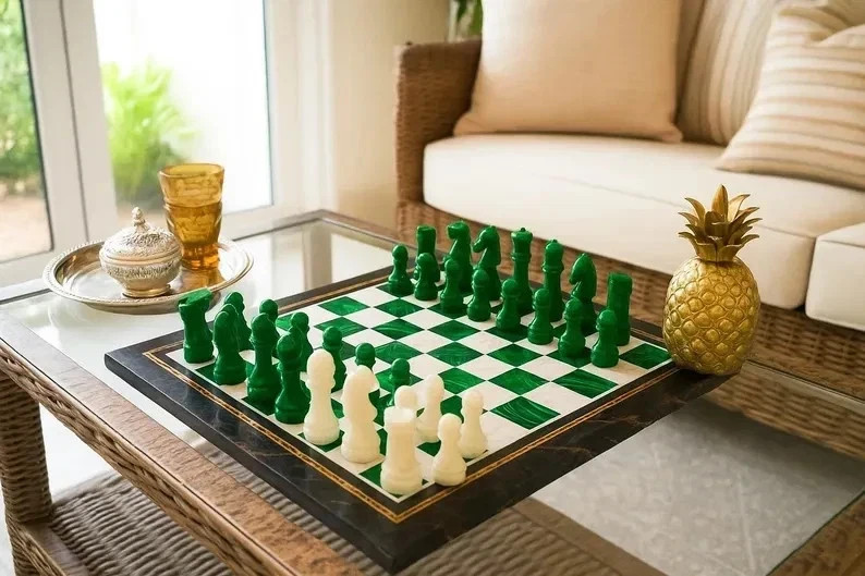 Black and Green Marble Chess Set Handmade Stone Chessboard with Pieces