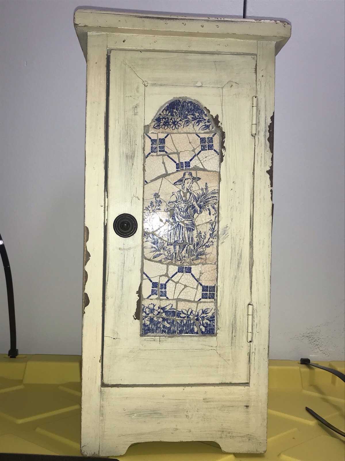 Vintage Tabletop Cabinet Delft Mosaic Tile Shabby Chic French Cottage Decor