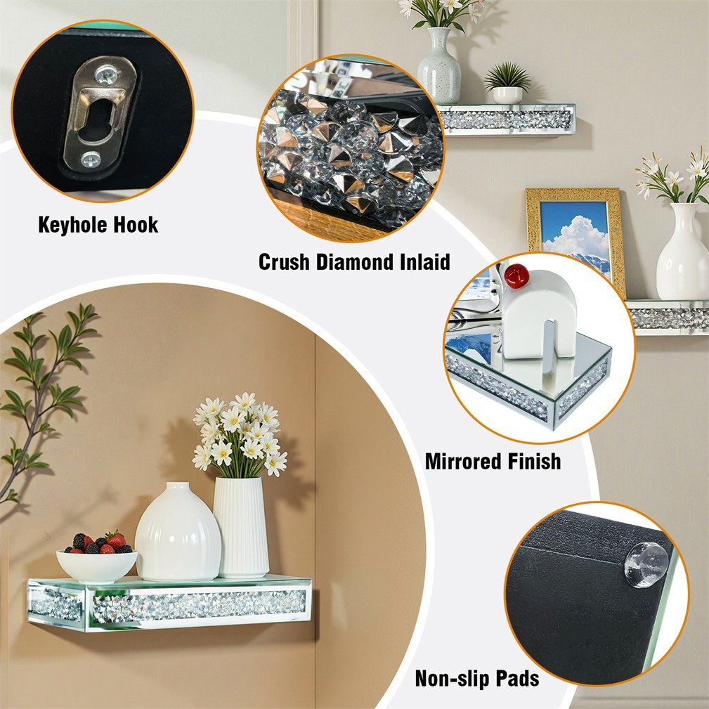 Mirrored Floating Shelves Glitter Crushed Diamond Wall Mounted Organizer Rack