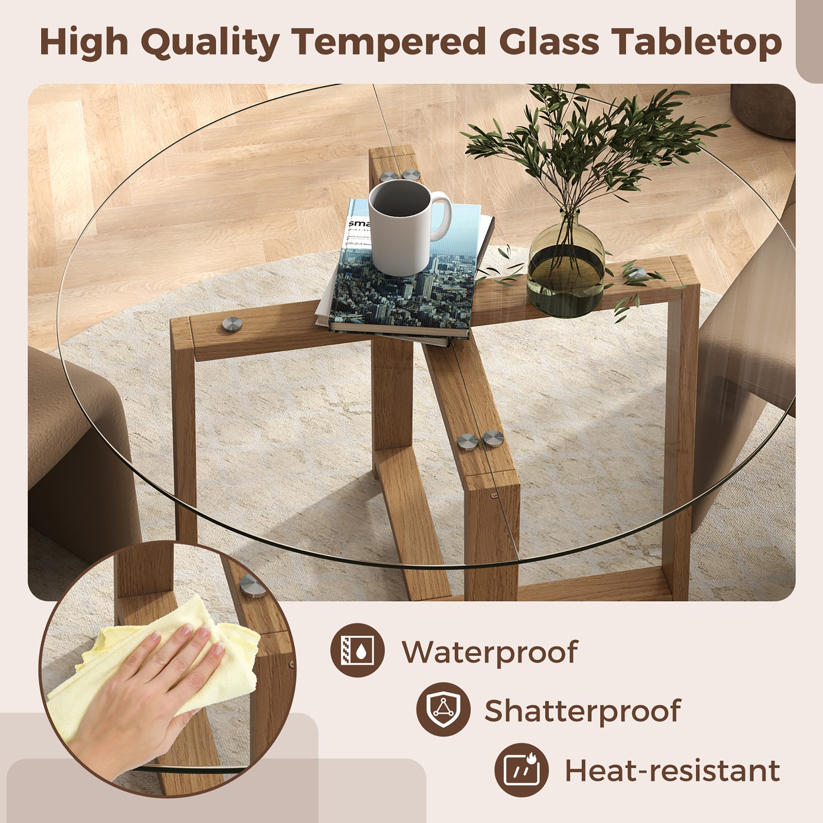 42″ Round Glass Dining Table w/ 0.3″ Tempered Glass Tabletop