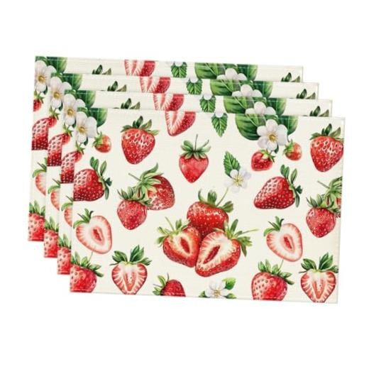 Strawberry Fruit Summer 12″ x 18″, Rectangular 4 Pcs Beige/Strawberry