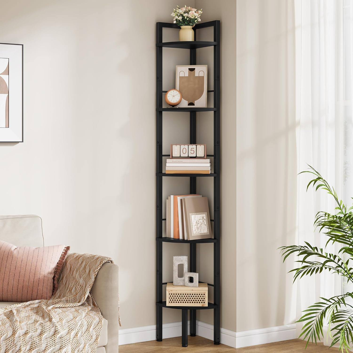 5-Tier Small Corner Shelf Stand – 60.5″ Tall Industrial Corner Display Shelf