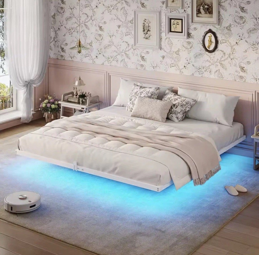 King Size Floating White Bed Frame w LED Lights & Charging Station Furniture NEW