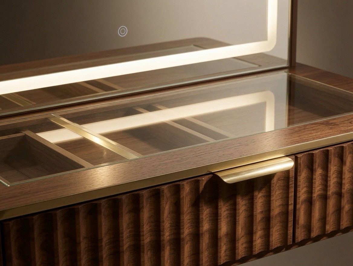 Dark Wood Vanity Table w/ Rectangular Mirror, Glass Top, 3 Drawers Brown