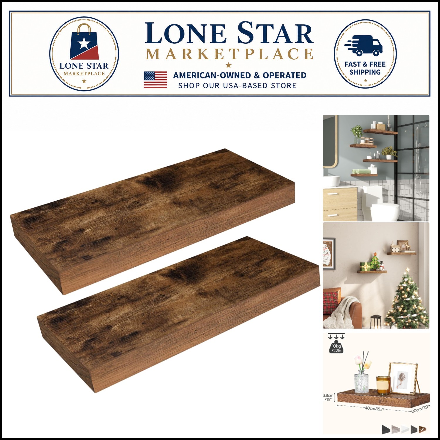 15.7” Rustic Floating Shelves – Space-Saving Design, Easy Installation, Set of 2
