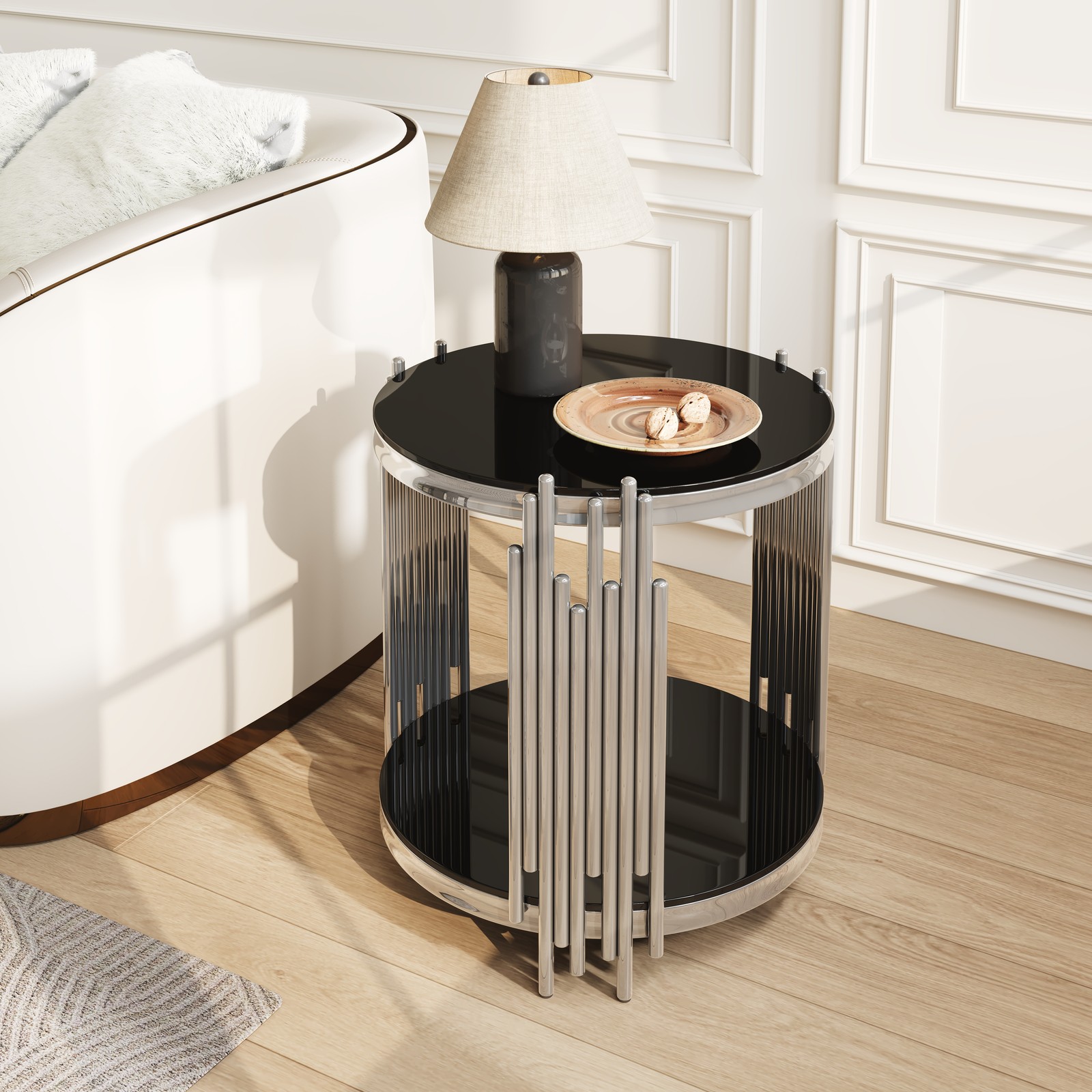 19.7″ Round Glass End Table 2-Tier Silver Side Table with Black Tempered Glass