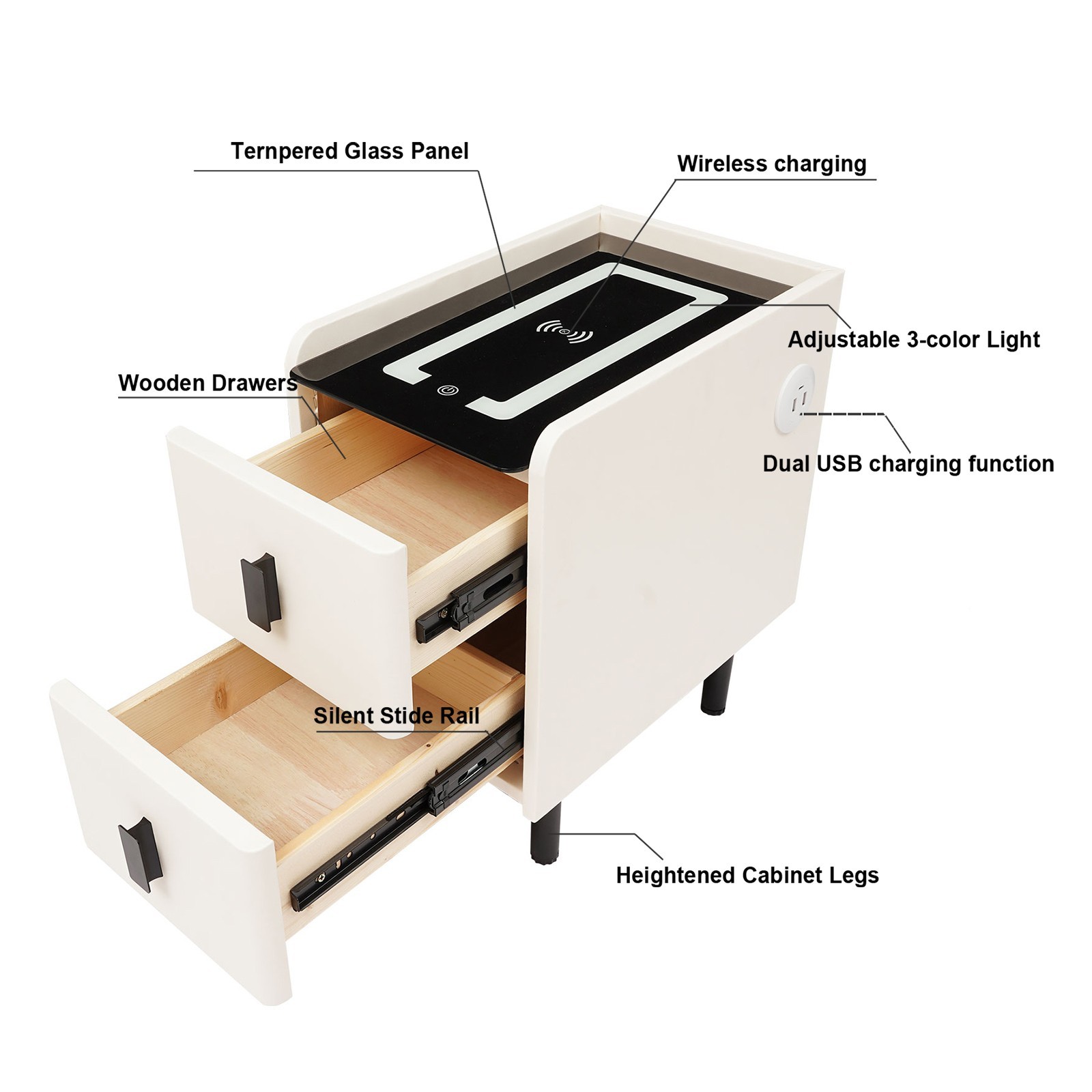 Smart Bedside Table Nightstands with Wireless Charging & LED Light & 2 Drawers