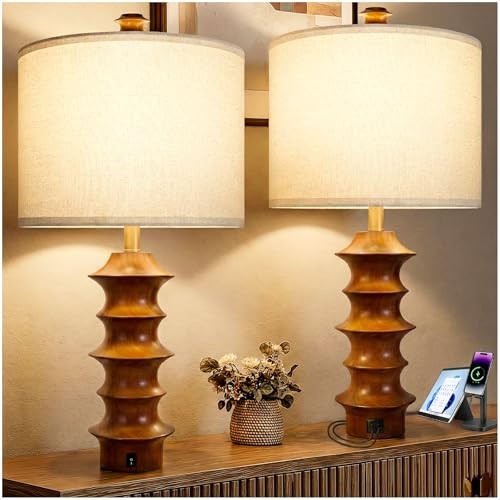 Wood Table Lamp Set of 2, 3-Way Dimmable Table Lamp with USB A+C | Brown-2