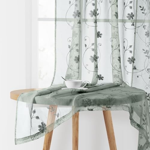 Sheer Curtains 63 Inches Length 2 Panels 52″W x 63″L (Pack of 2) Sage Green