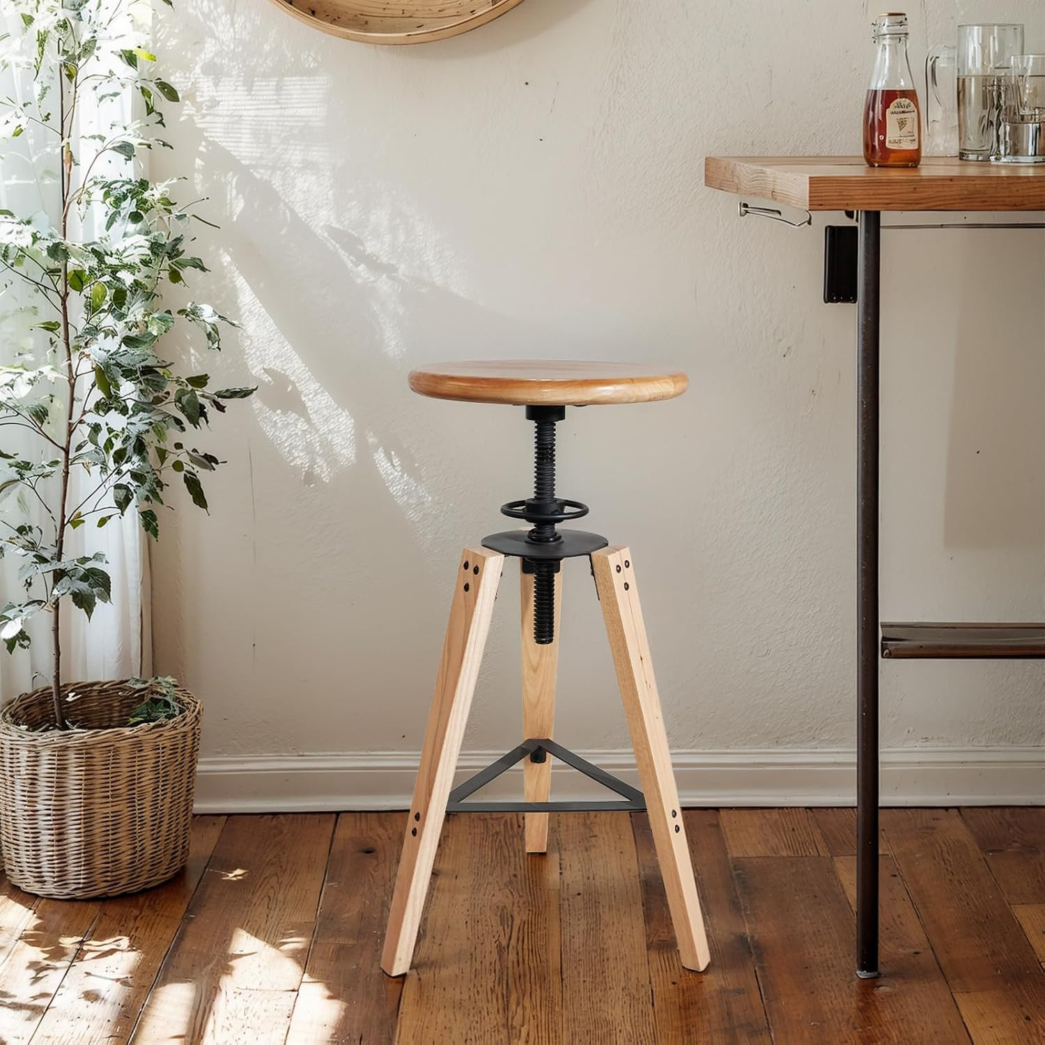 Rustic Adjustable Height Swivel Bar Stool – Solid Oak, Anti-Slip, Heavy Duty