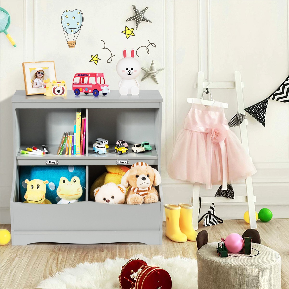 Children’s Multi-Use Bookcase Toy Storage Display Bin Kids Floor Cabinet Grey